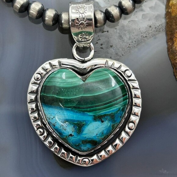 Sterling Silver Southwestern Style Azurite Malachite Heart Pendant For Women - Picture 1 of 10